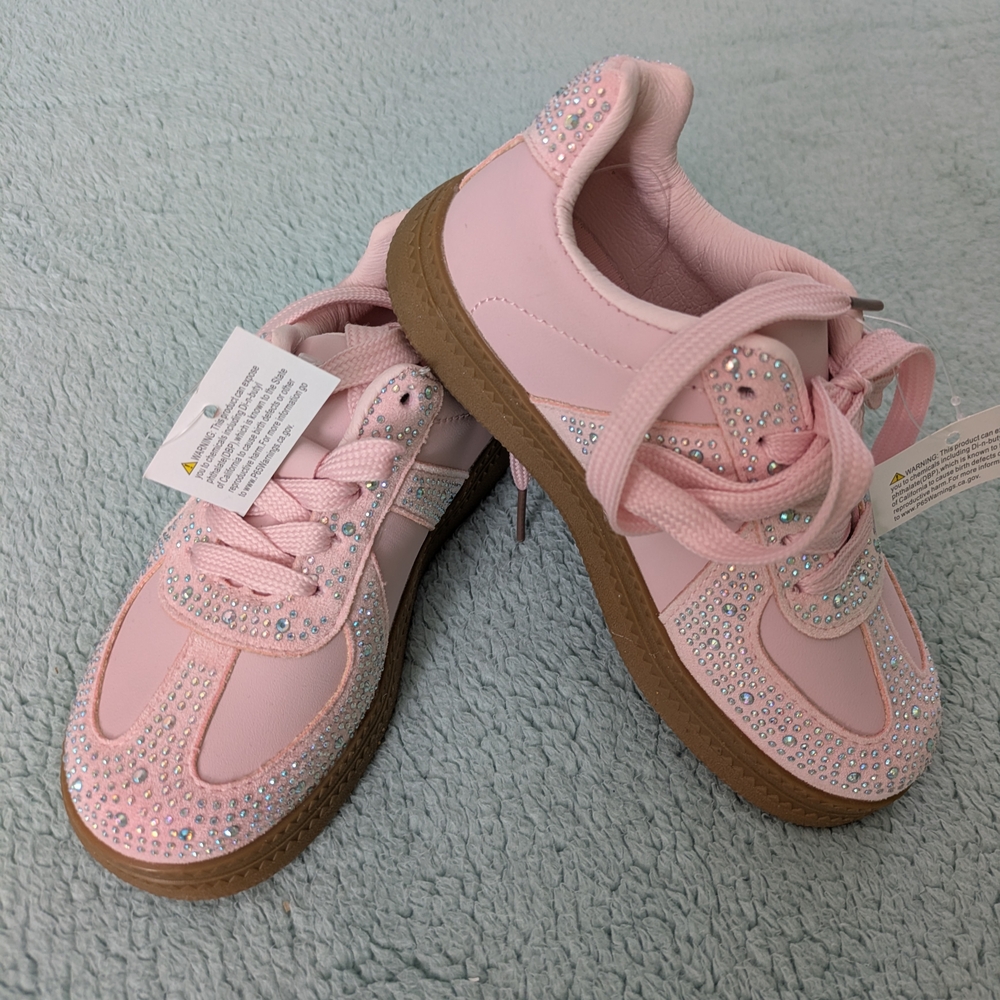 Girls Pink Rhinestone Sneakers Size 10 Link Lace Up Sparkle Shoes